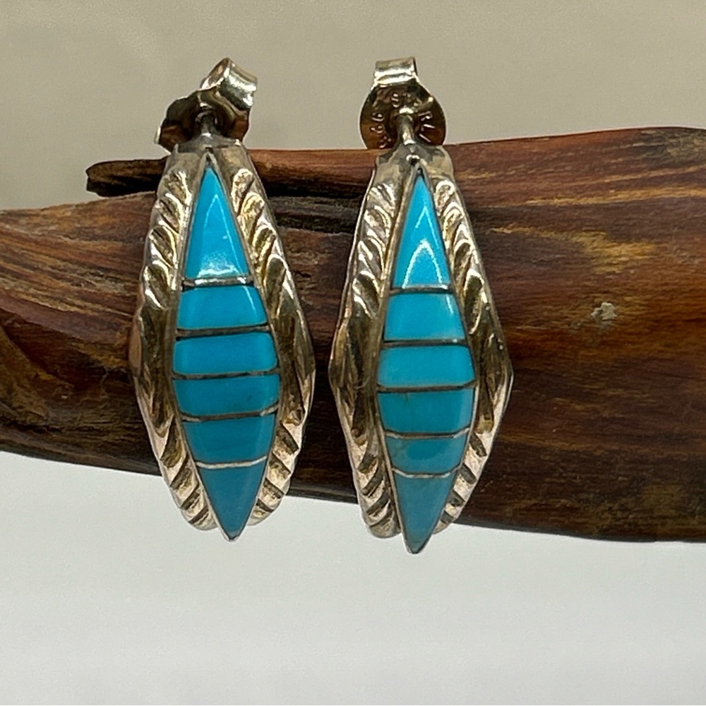 Turquoise Inlaid Sterling Silver Pierced Earrings Vintage Unworn